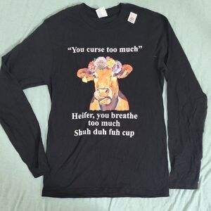 Black Long Sleeve Graphic Tee with Cow Print